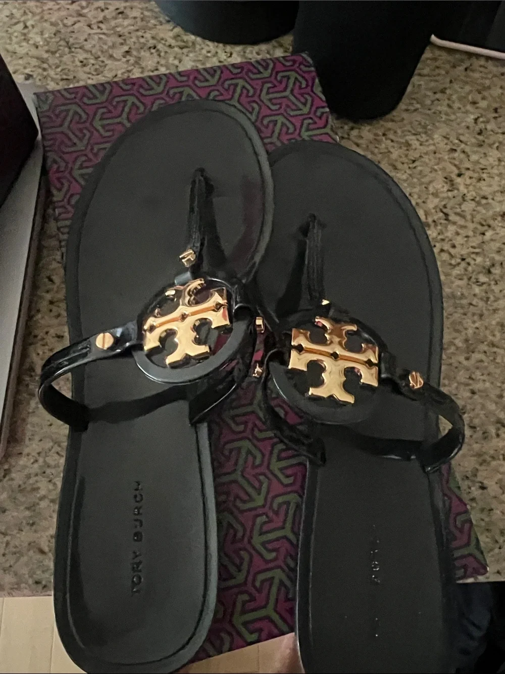 Tory Burch Black Jelly Logo Thong Sandals with Gold Hardware